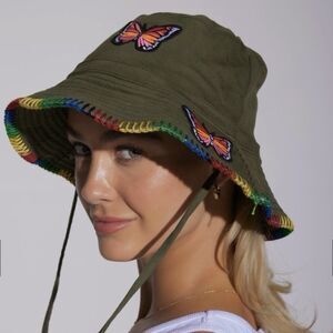 Lauren Moshi Aria Butterfly Bucket Hat Military Green Rainbow Trim OS Limited